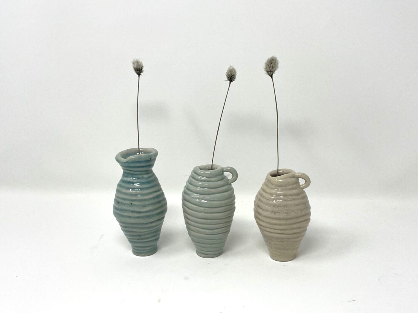 Coiled Mini Vase Trio (Bone, Blue, Teal) — side view