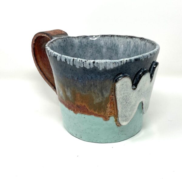 Handmade Giant Ceramic Mug - 1 L Oversized Coffee Cup with Personalized "W" Letter, Copper, Dark Blue & Turquoise Glaze Unique Pottery Gift