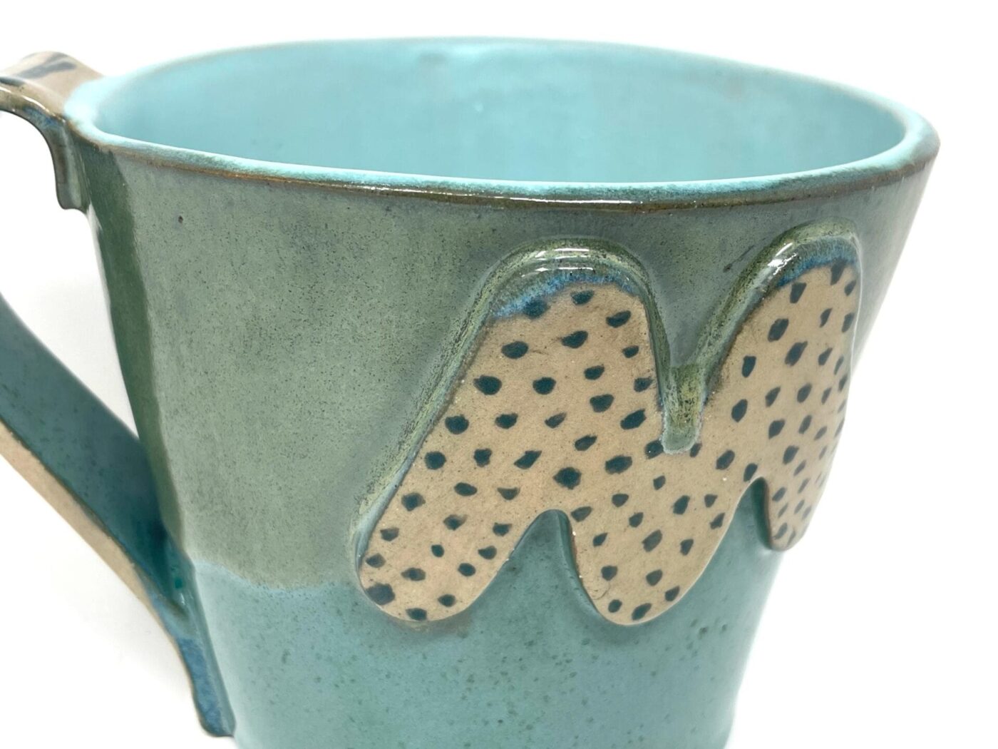 XL Ceramic Mug — "M" Initial, Green & Light Blue — styling detail