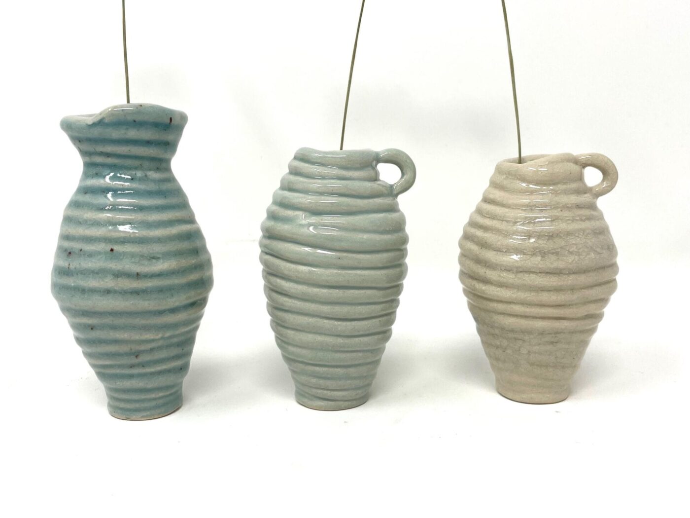 Coiled Mini Vase Trio (Bone, Blue, Teal) — detail view