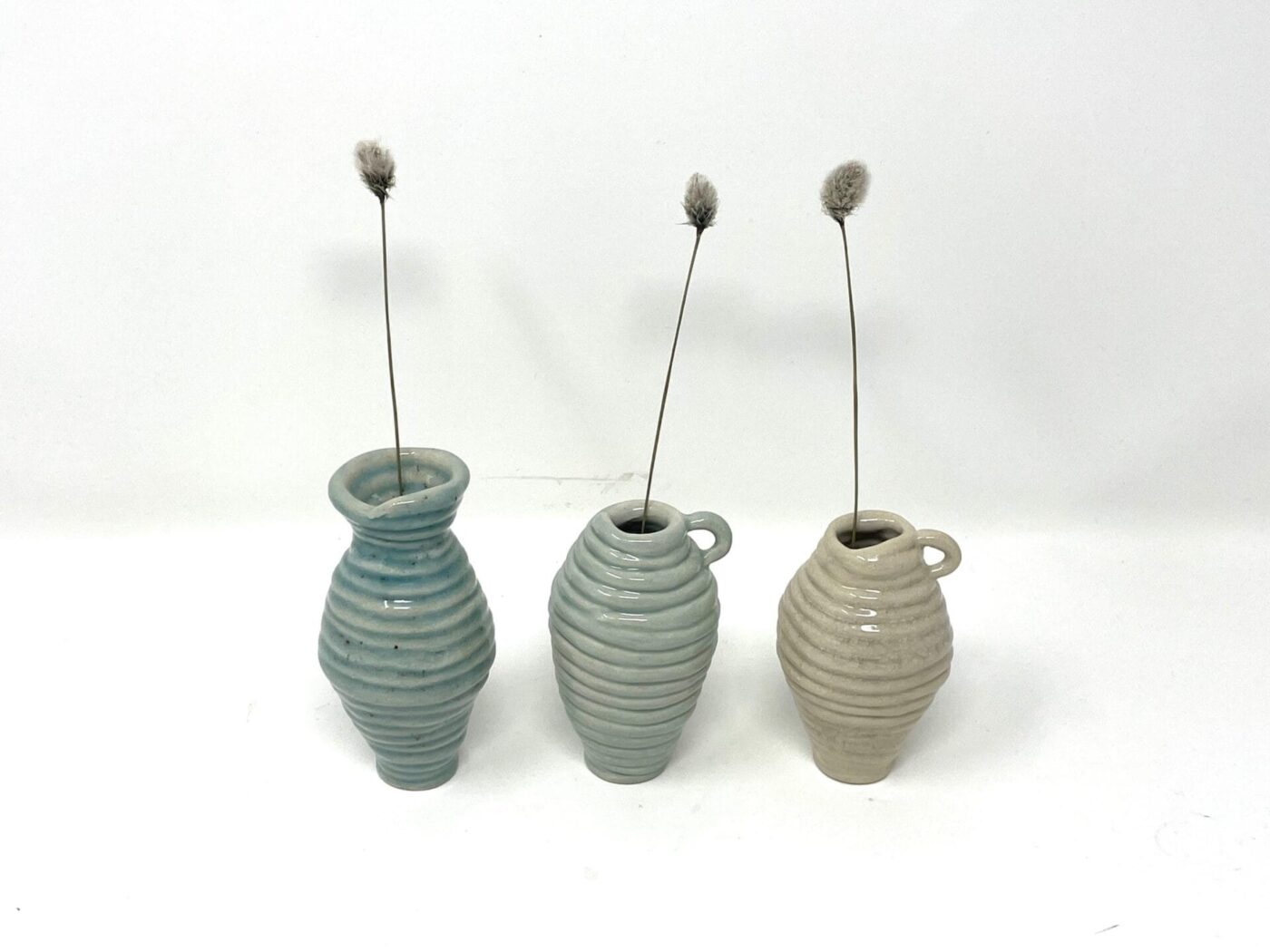 Coiled Mini Vase Trio (Bone, Blue, Teal) — back view