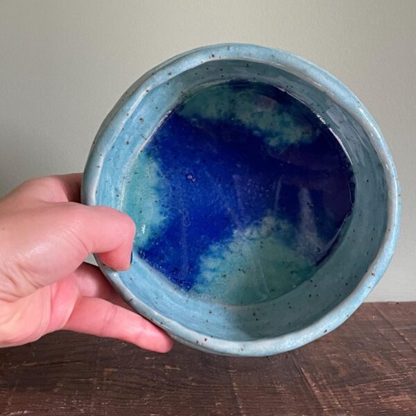 Ocean-Inspired Handcrafted Artisan Ceramic Bowl: Blue Coiled Design with cobalt Blue Glass Base