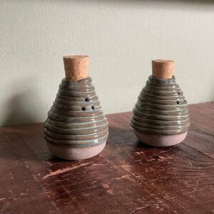 Handcrafted Turquoise Coiled Ceramic Salt Shaker with Textured Stoney Brown Finish with a cork plug