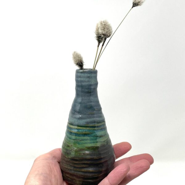 Handmade Ceramic Bud Vase, Coiled Texture, Multi-Color Glazed, Flower Holder, Unique Home Decor, Artisanal Gift with Logo Stamp
