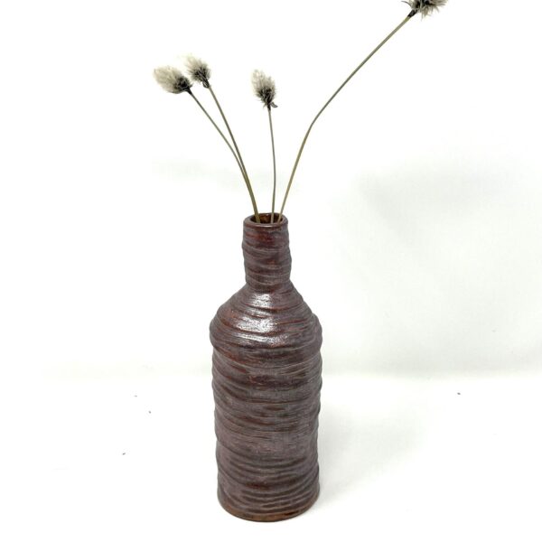 Handmade Ceramic Bottle Bud Vase, Coiled Texture, Copper Metallic Glaze, Flower Holder, Unique Home Decor, Artisanal Gift with Logo Stamp