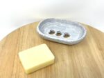 Rustic White Ceramic Soap Dish with Heart Drain Holes - Handmade Grey Clay and Black Stone Bathroom Decor