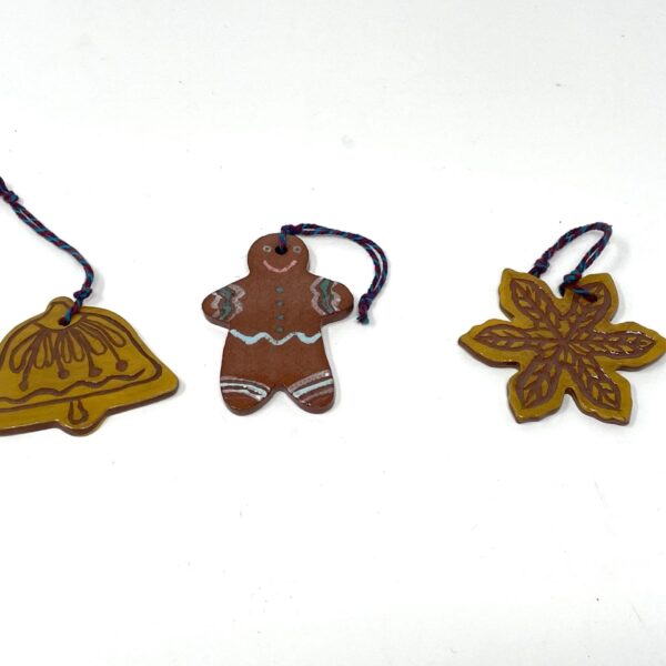 Handmade Ceramic Christmas Ornaments Set - Gingerbread Man, Mustard Yellow Snowflake and Bell, Terracotta Details, Holiday Decor