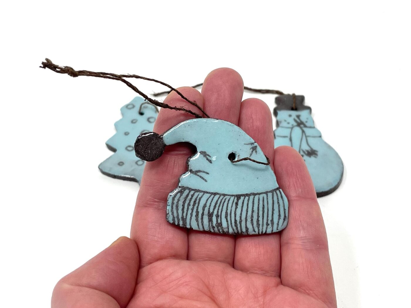 Light Blue Christmas Ceramic Ornaments Set of 3 — side view