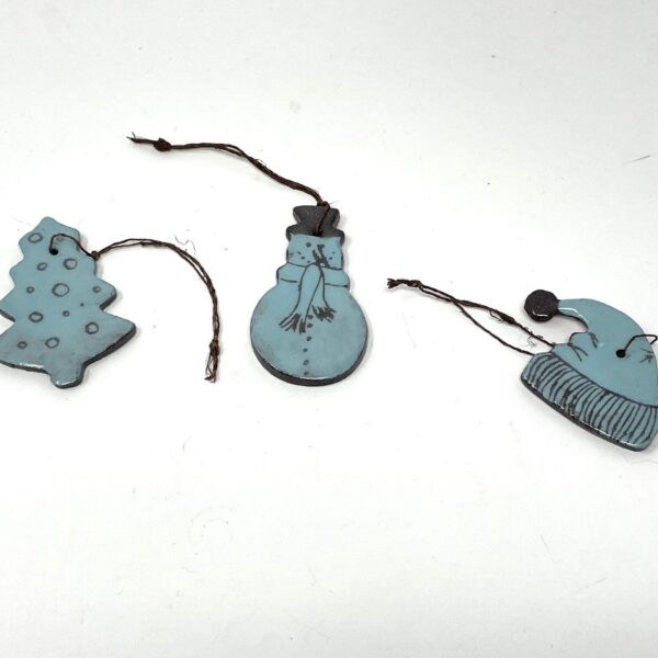 Handmade Light Blue Ceramic Christmas Ornaments Set - Hat, Snowman, Tree, Winter Holiday Decor