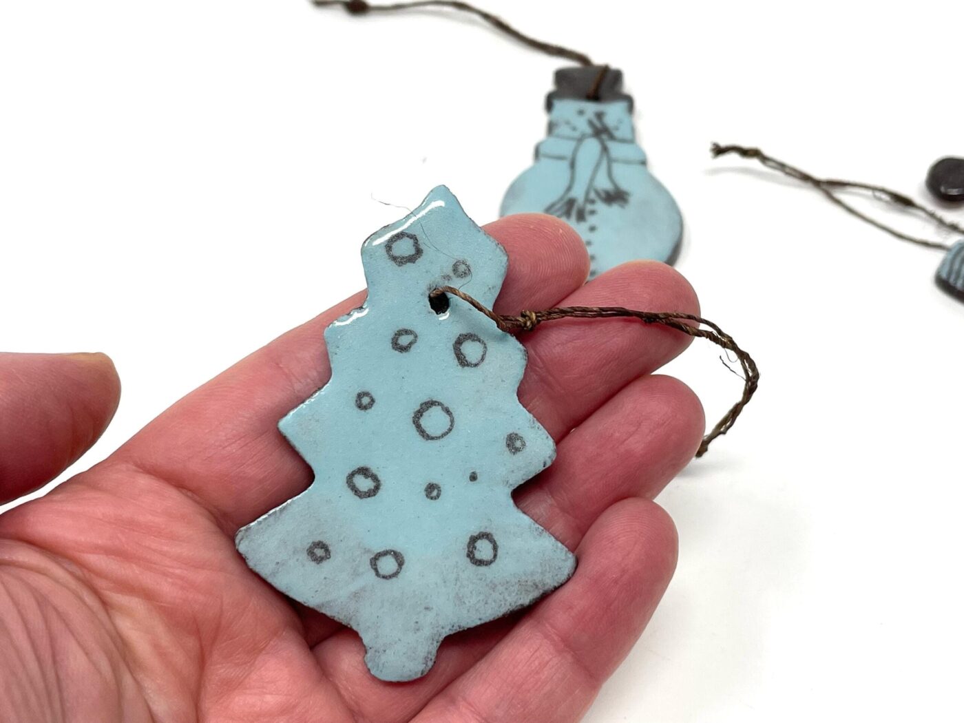 Light Blue Christmas Ceramic Ornaments Set of 3 — detail view