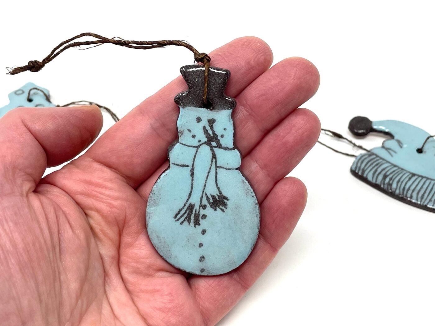 Light Blue Christmas Ceramic Ornaments Set of 3 — close-up