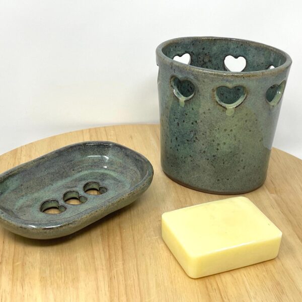 Handcrafted Ceramic Soap Dish with hearts and Toothbrush Holder Set | Rustic Terracotta with Turquoise Glaze | Unique Bathroom Decor