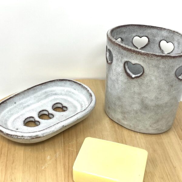 Handcrafted Ceramic Soap Dish with hearts and Toothbrush Holder Set | Rustic Terracotta with White Glaze | Unique Bathroom Decor