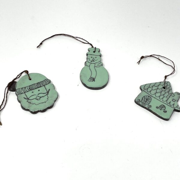Handmade Ceramic Christmas Ornaments Set - Santa, Snowman, Cottage, Light Green Rustic Decor, Terracotta Accents