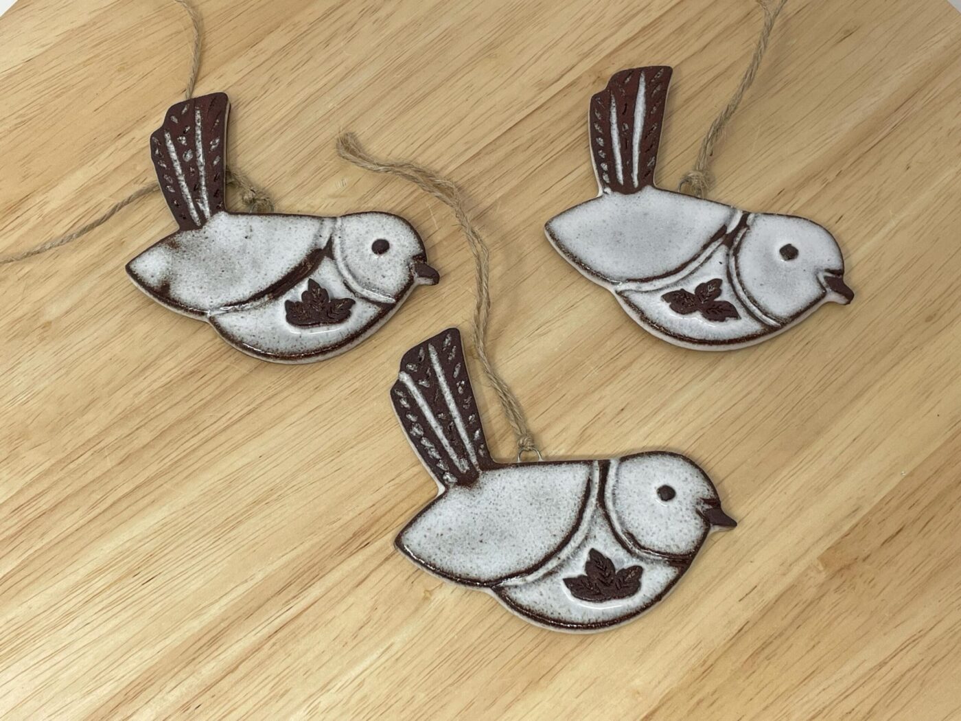 Hanging Ceramic Bird — Terracotta & White Glaze (Leaves) — alternate angle