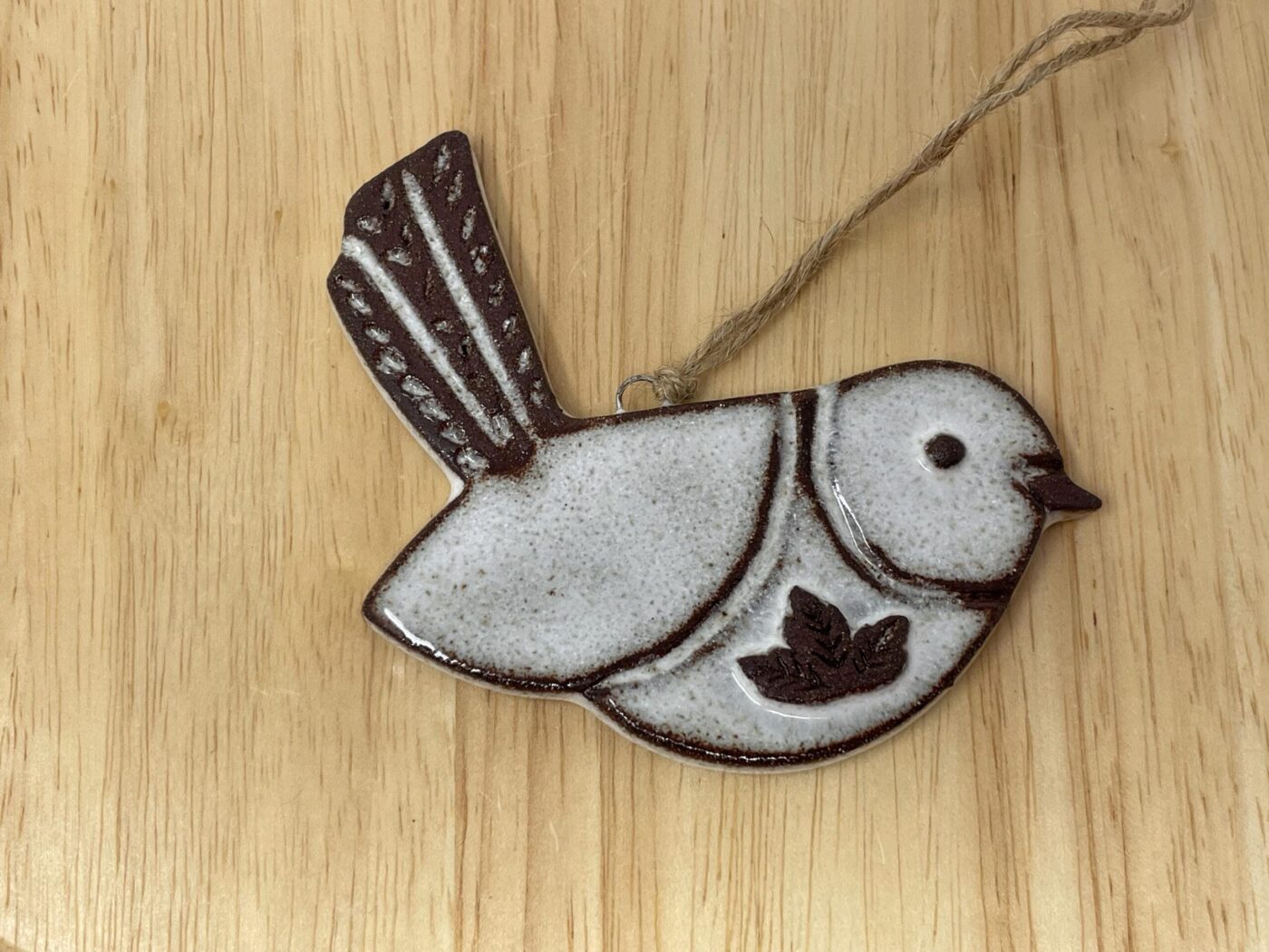 Hanging Ceramic Bird — Terracotta & White Glaze (Leaves)