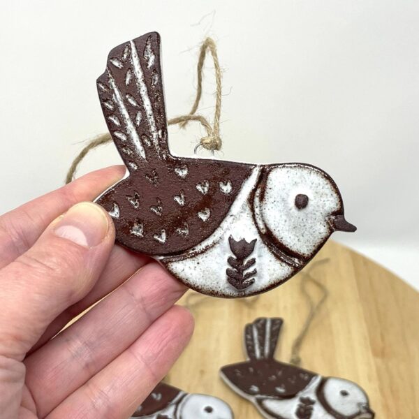 Handmade Ceramic Hanging Bird | Terracotta Clay Ornament | White Glazed Home Decor | 10cm