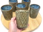 0.3 l Brown and Blue stripy fluted textured handmade tumblers in a set /  handmade ceramic pottery cups in brown and blue
