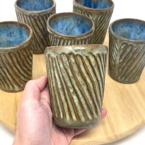 0.3 l Brown and Blue stripy fluted textured handmade tumblers in a set /  handmade ceramic pottery cups in brown and blue