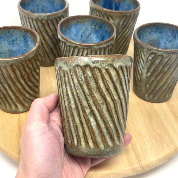 0.3 l Brown and Blue stripy fluted textured handmade tumblers in a set /  handmade ceramic pottery cups in brown and blue