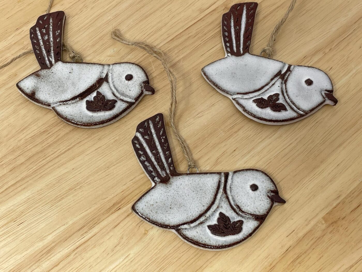 Hanging Ceramic Bird — Terracotta & White Glaze (Leaves) — detail view
