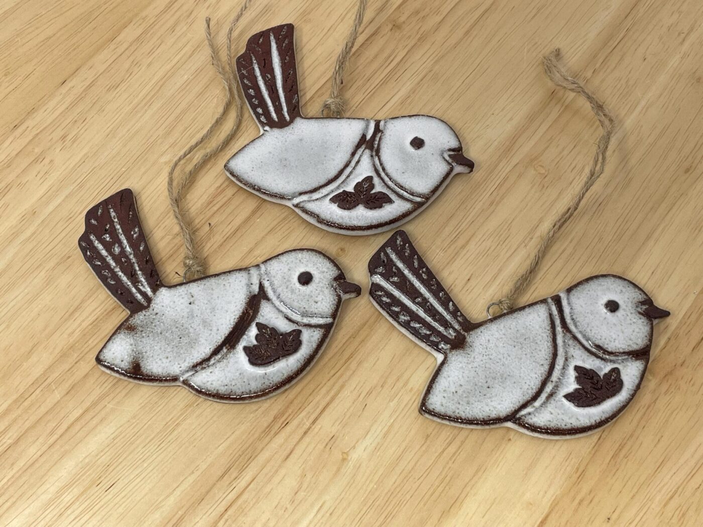 Hanging Ceramic Bird — Terracotta & White Glaze (Leaves) — back view