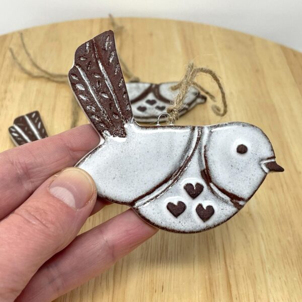 Handmade Ceramic Hanging Bird | Terracotta Clay Ornament | White Glazed Home Decor | 10cm