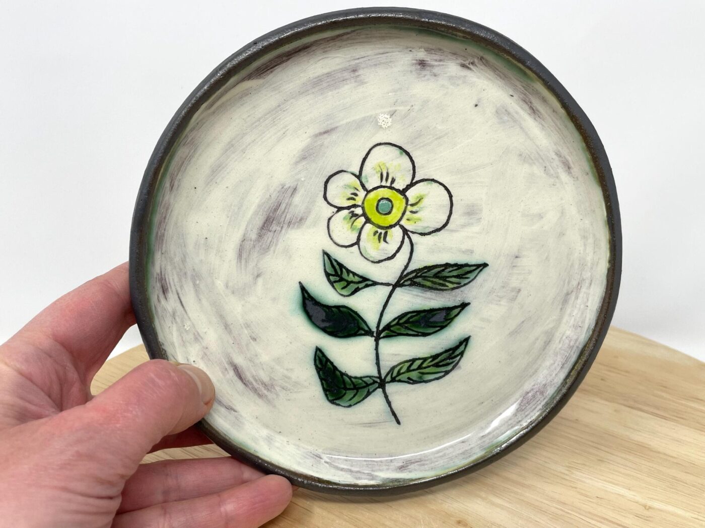 Sgraffito Flower Terracotta Plate — Green & Blue — detail view