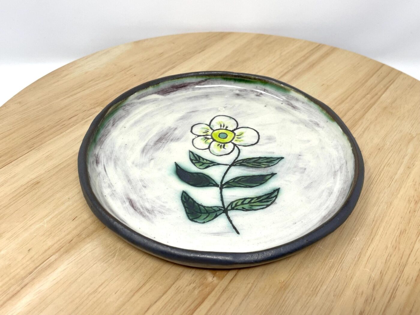 Sgraffito Flower Terracotta Plate — Green & Blue — top view