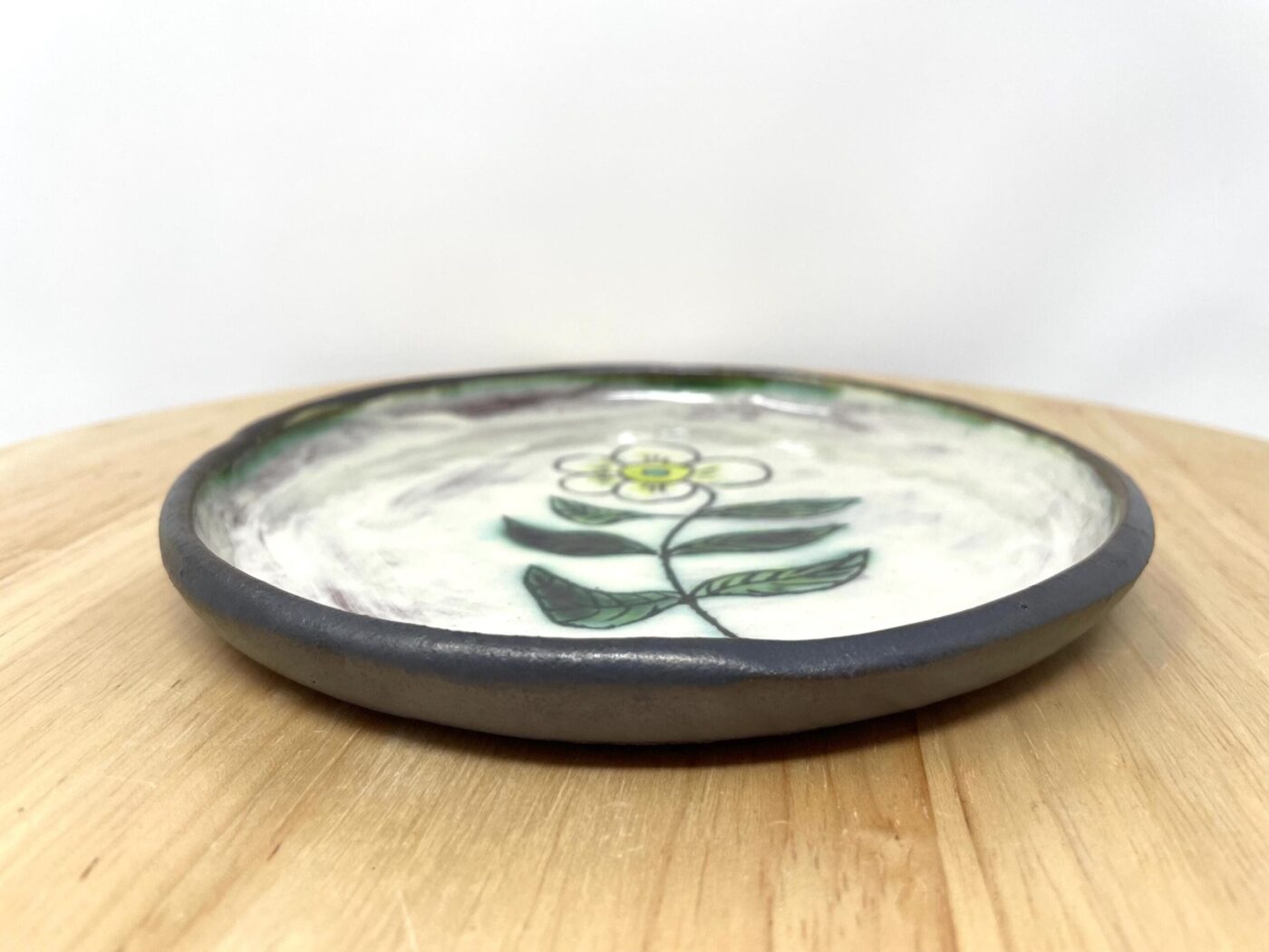 Sgraffito Flower Terracotta Plate — Green & Blue — scale view