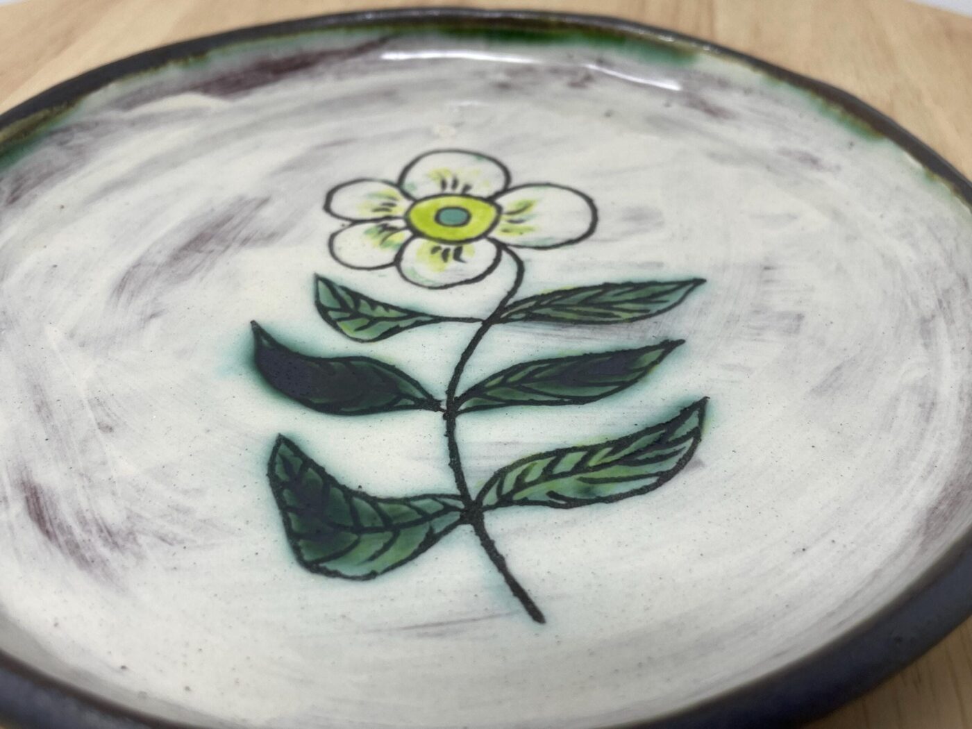 Sgraffito Flower Terracotta Plate — Green & Blue — styling detail