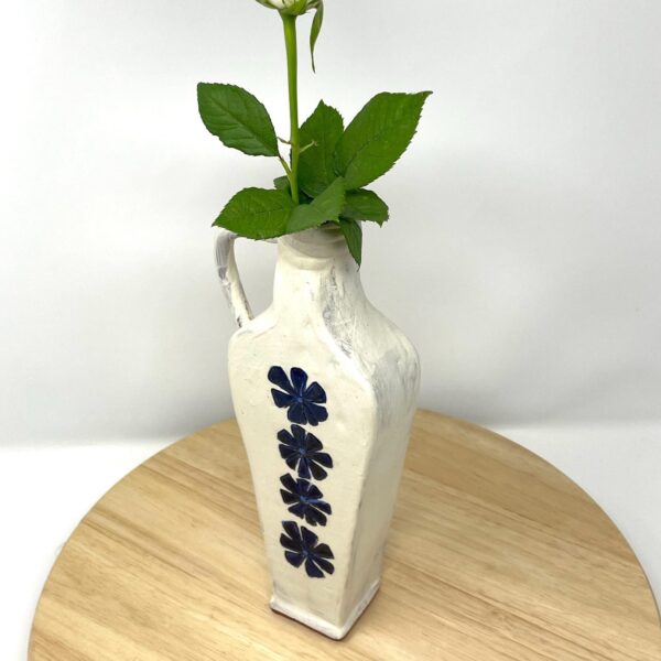 Handmade Ceramic Vase | White Matte Exterior | Cobalt Blue Flowers | Unique Rustic Terracotta Flower Holder