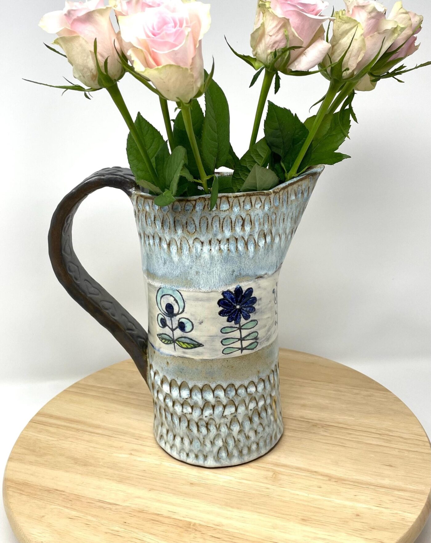 il_fullxfull.6751447976_68s2.jpg Terracotta Water Jug Vase, Blue Sgraffito Flowers