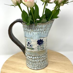 Handmade Terracotta Stoneware Water Jug Vase | Unique Ceramic Flower Vase | Rustic Blue Glazed Pottery | Sgraffito Floral Design