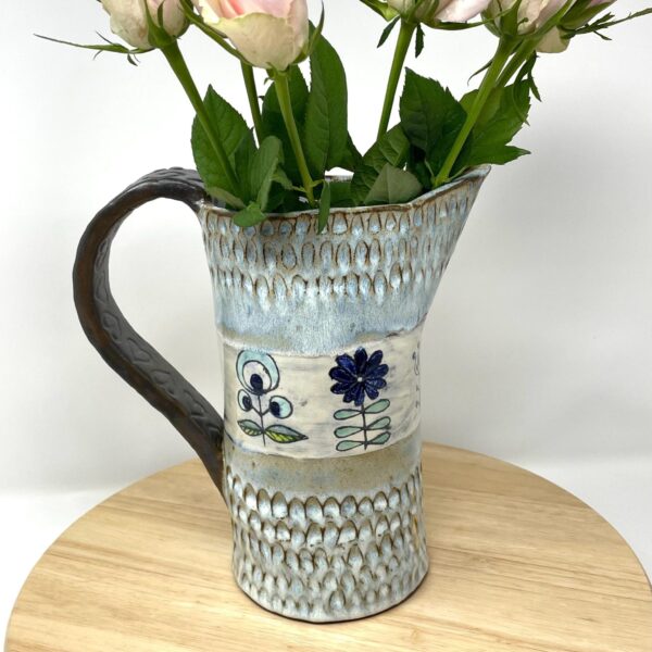 Handmade Terracotta Stoneware Water Jug Vase | Unique Ceramic Flower Vase | Rustic Blue Glazed Pottery | Sgraffito Floral Design