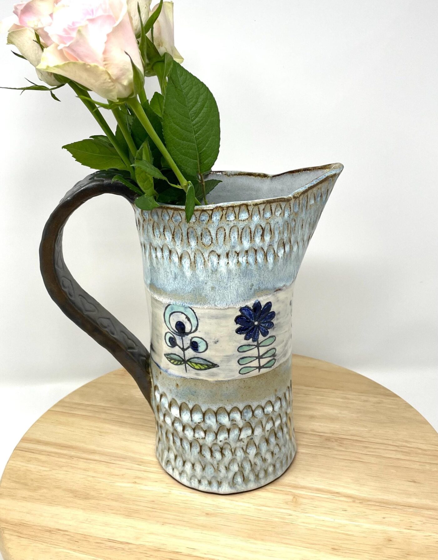 Terracotta Water Jug Vase, Blue Sgraffito Flowers — alternate angle