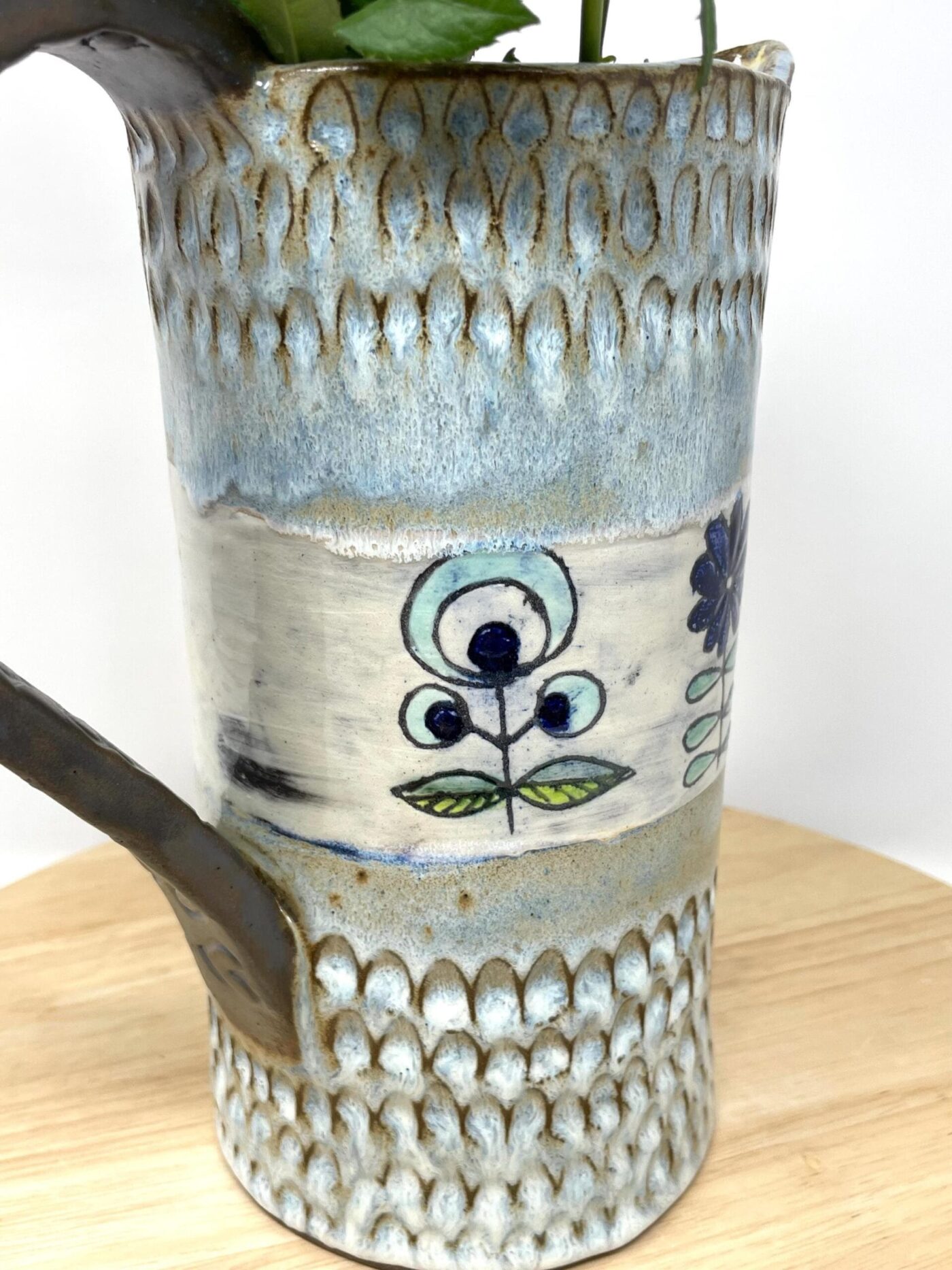 Terracotta Water Jug Vase, Blue Sgraffito Flowers — side view