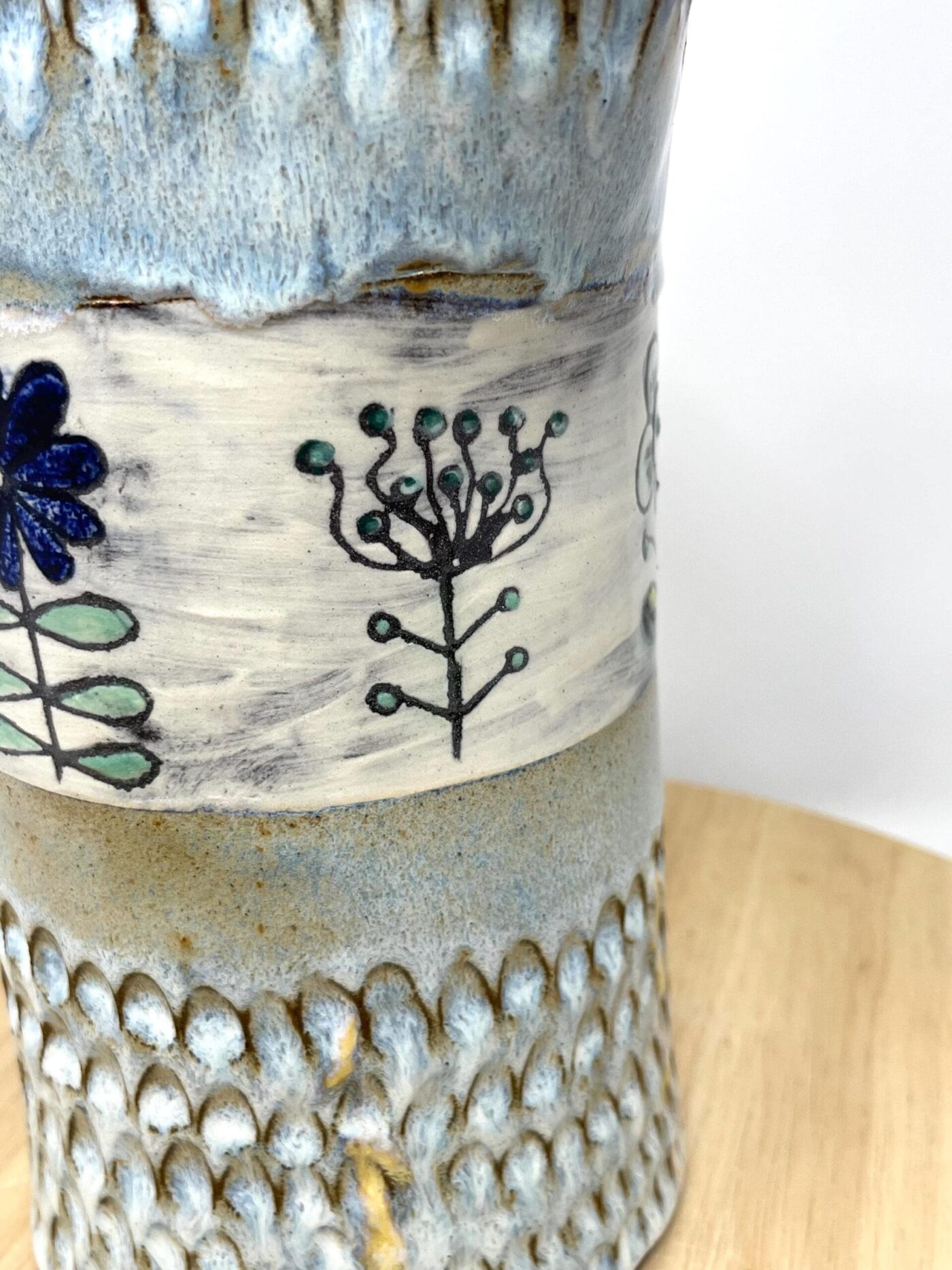 Terracotta Water Jug Vase, Blue Sgraffito Flowers — styling detail
