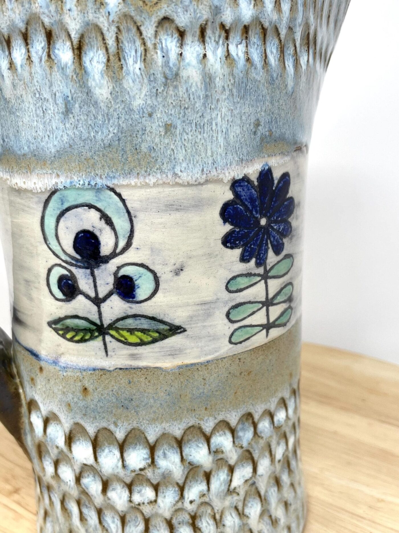 Terracotta Water Jug Vase, Blue Sgraffito Flowers — scale view