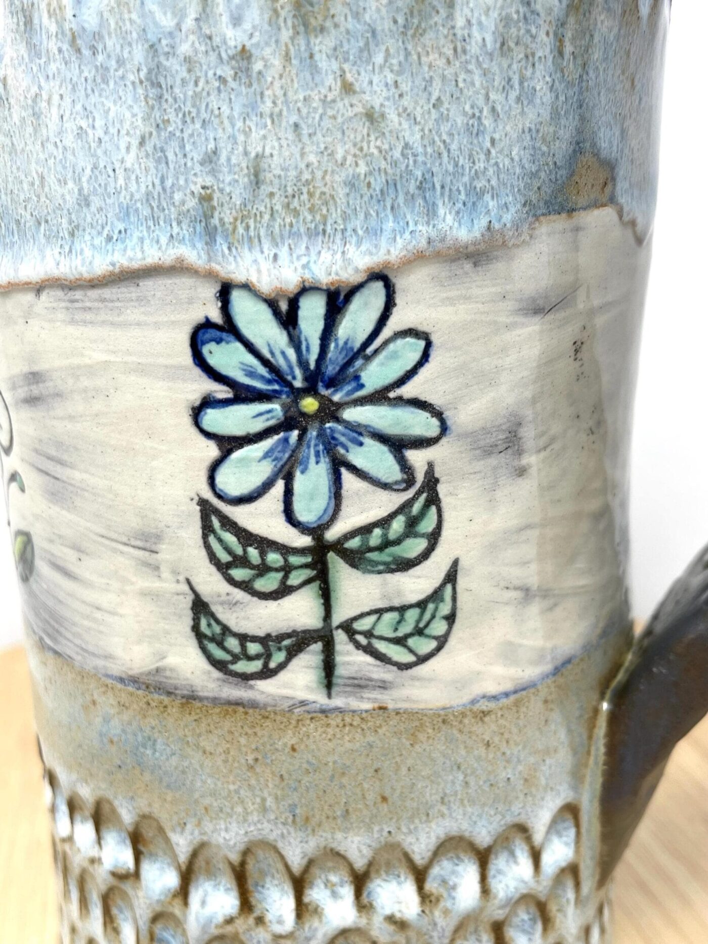 Terracotta Water Jug Vase, Blue Sgraffito Flowers — top view
