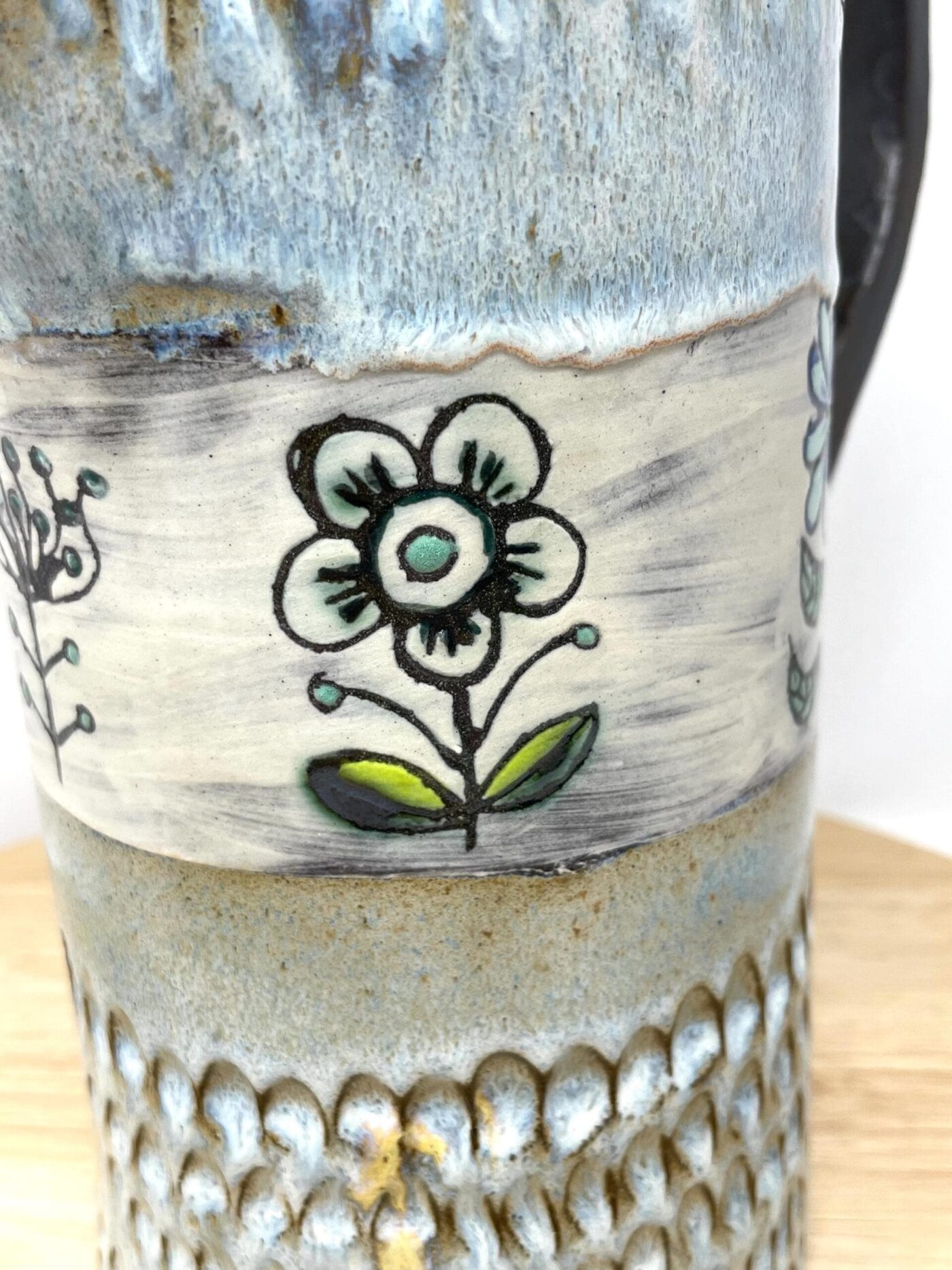 Terracotta Water Jug Vase, Blue Sgraffito Flowers — in use