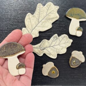 Handmade ceramic acorns, mushrooms and autumn oak leaves magnet set / Artisan Etsy Decor with magnetic black board