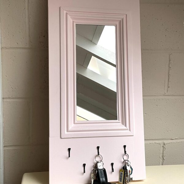 Vintage Repurposed Door Section Mirror with Key Hooks | Farrow & Ball Middleton Pink | Entryway Decor