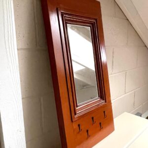 Vintage Repurposed Door Section Mirror with Key Hooks | Natural Wood Finish | Entryway Decor