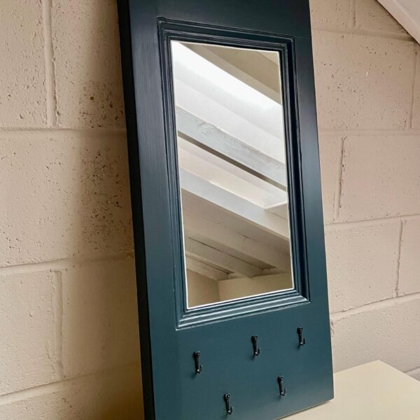 Vintage Repurposed Door Section Mirror with Key Hooks | Anthracite colour | Entryway Decor