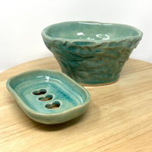 Handmade Turquoise Blue Crackle Glaze Bathroom Set | Ceramic Soap Dish and Toothbrush Holder | Coastal Modern Bathroom Decor | Pottery Gift