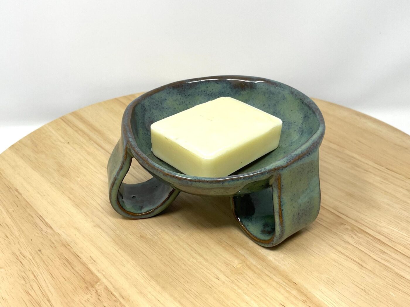 Green-Blue Glazed Ceramic Soap Dish, Brown Clay