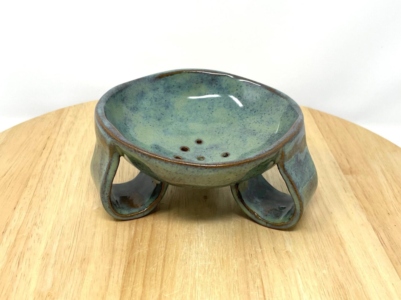 Green-Blue Glazed Ceramic Soap Dish, Brown Clay — scale view