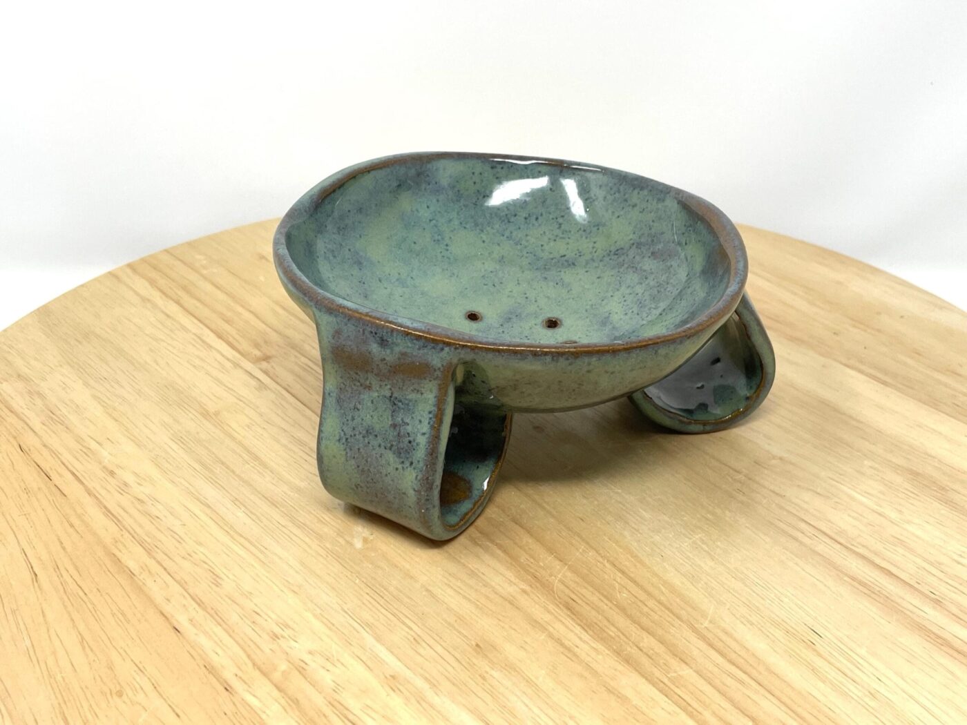 Green-Blue Glazed Ceramic Soap Dish, Brown Clay — styling detail