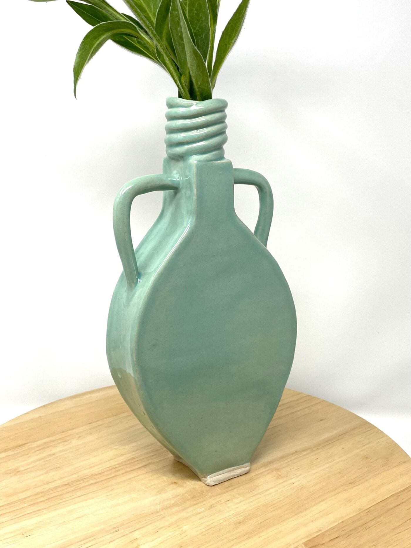 Slab-Built White Clay Vase, Light Green Translucent Glaze